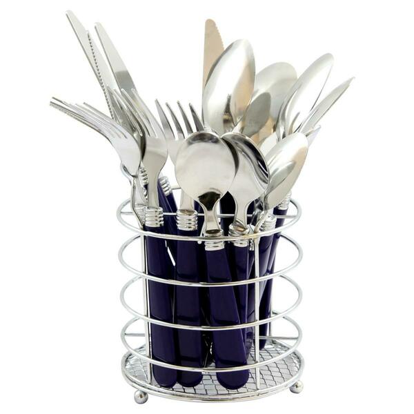 Gibson Sensations Ii 16 Piece Flatware Set With Cobalt Plastic Handle With Wire Caddy 53528.16